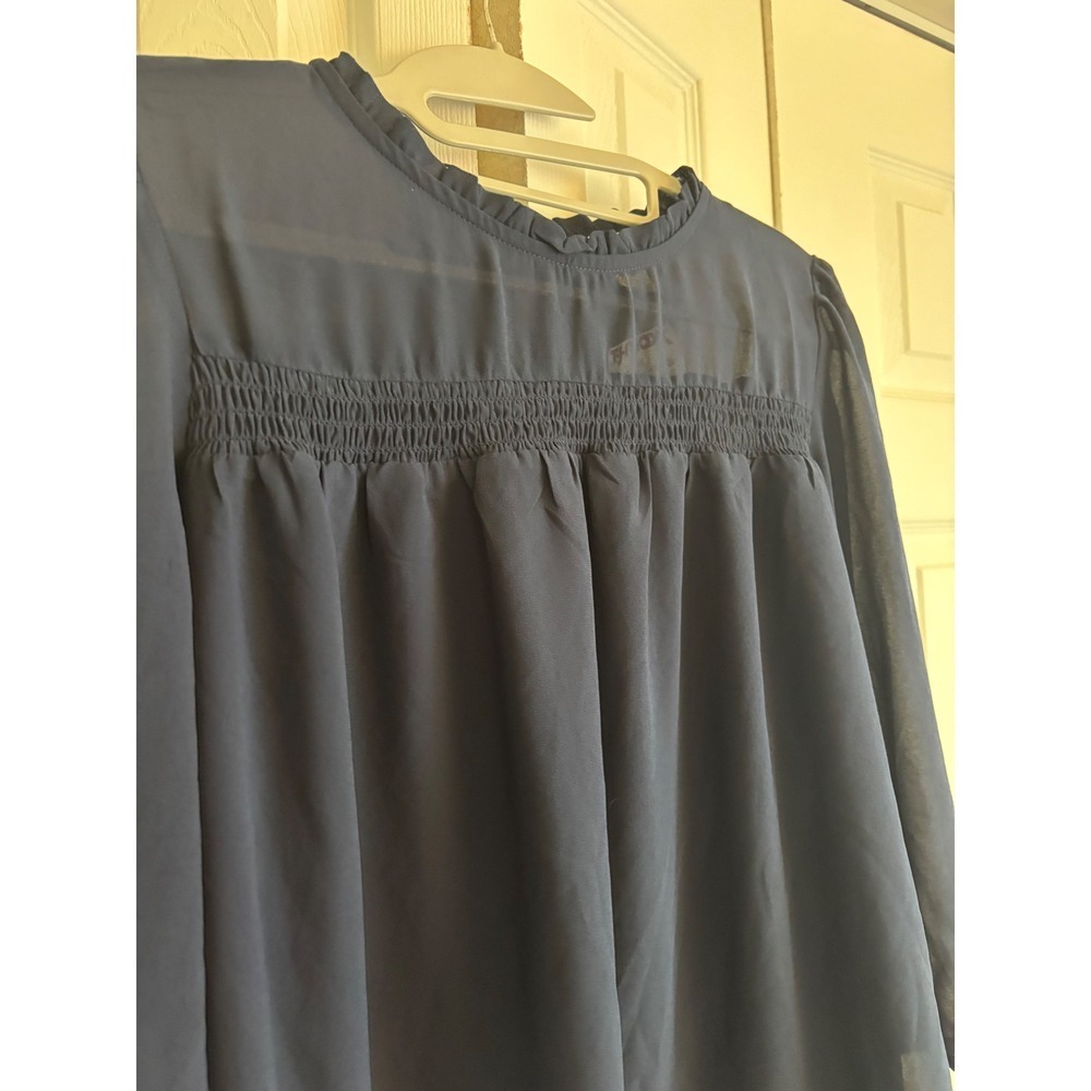 NWT Monteau Navy Blue Chiffon Tunic Blouse Medium Ruffle Neck Sheer - Picture 8 of 11
